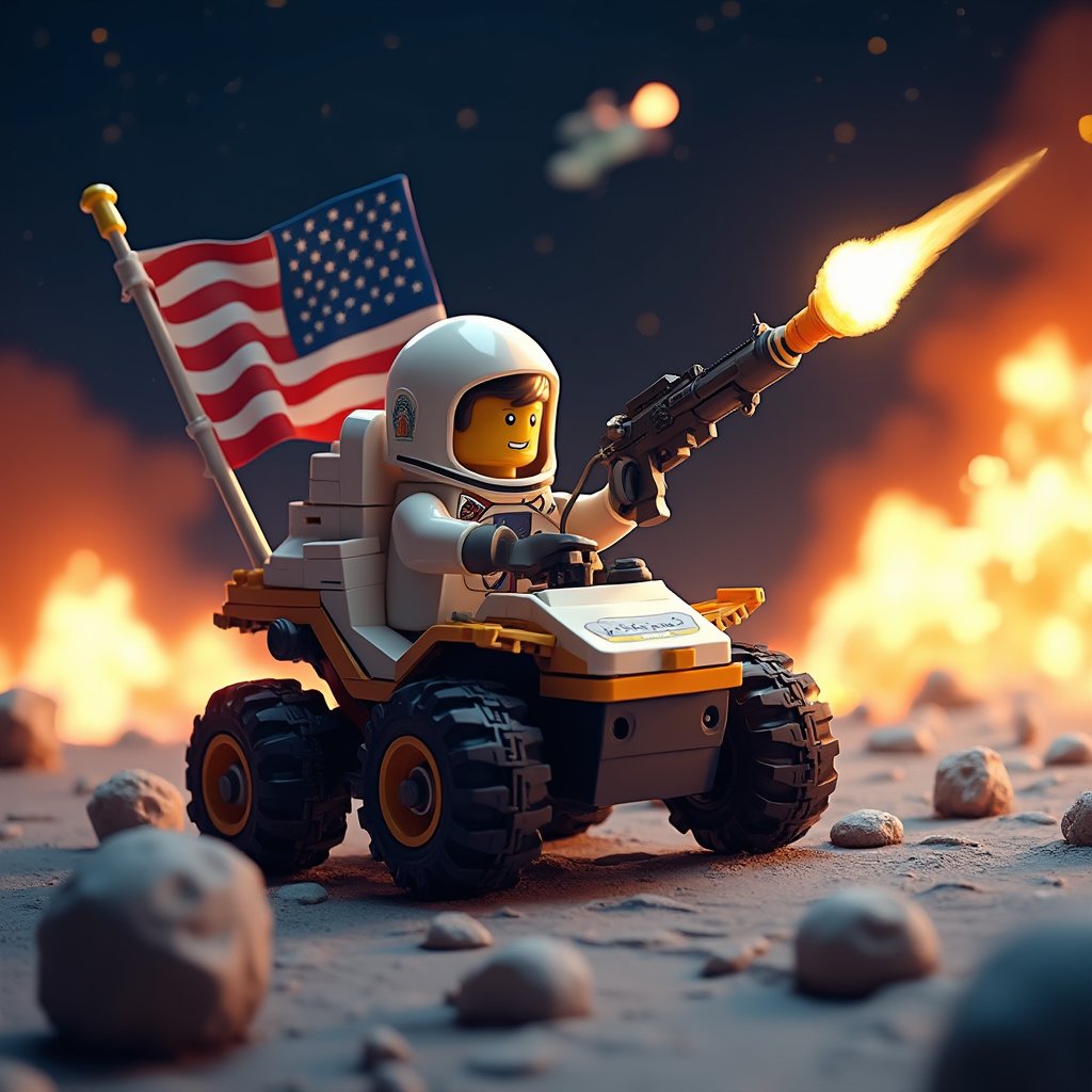 An 3d lego block cartoon scene featuring buzz aldrin riding the lunar rover at full throttle jumping over moon craters, and firing a gun in the airr. The American flag waves proudly behind him as an alien spacecraft soars through the sky. In the background, massive explosions light up the scene.