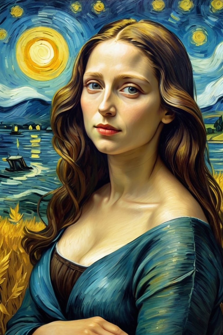 By Van Gogh, Sun, wind, sunny day, oil paint painting, highly detailed, sharpness, dynamic lighting, super detailing, van gogh starry nights background, painterley effect,Oil painting of Mona Lisa ,Leaf,art by sargent