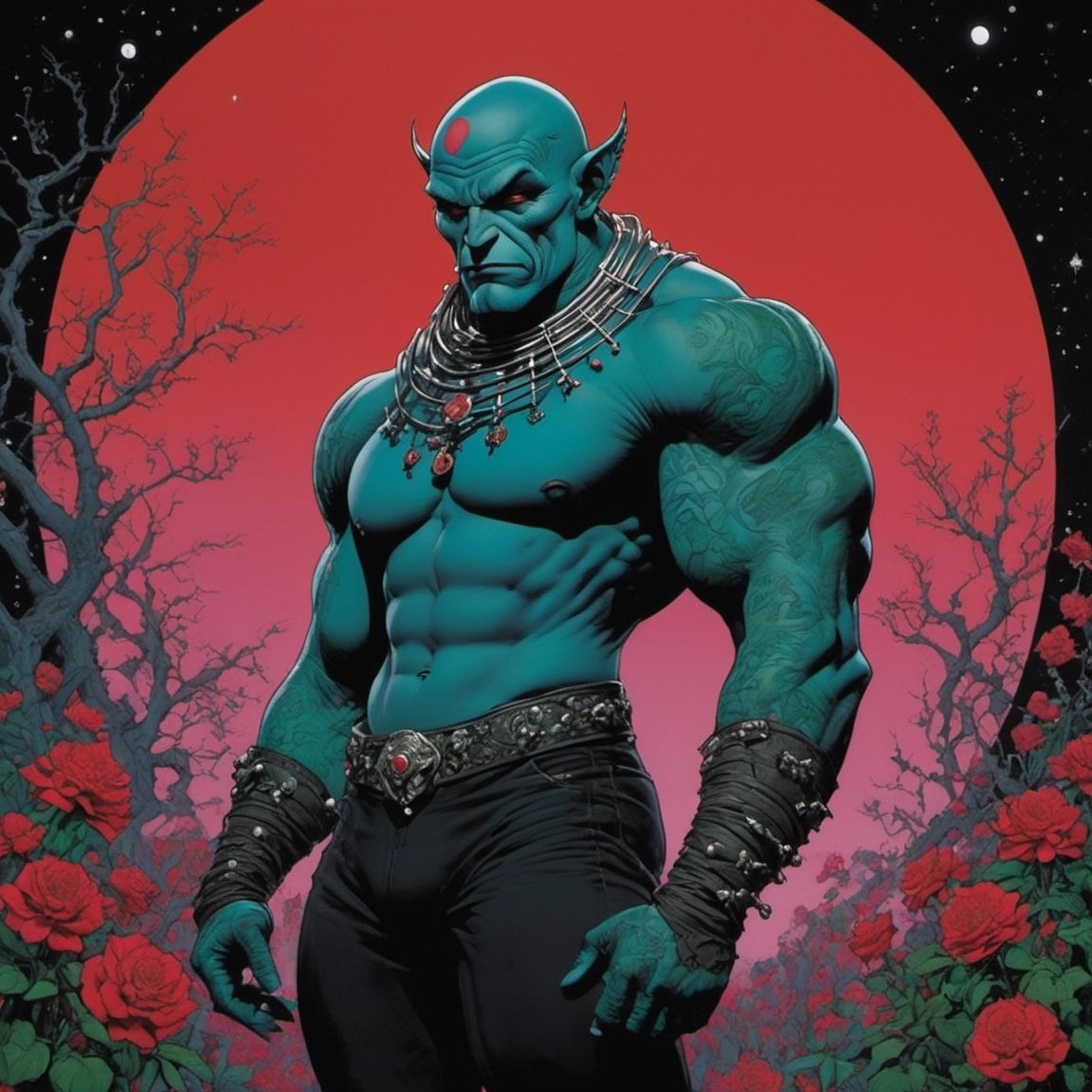 the wizard of oz from the wizard of oz, blood moon, Horror Comics style, art by brom, tattoo by ed hardy, shaved hair, neck tattoos by andy warhol, heavily muscled, biceps, glam gore, horror, poster style, flower garden, space constellation, ,art_booster