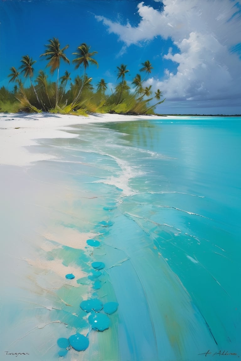 abstract, Cook Islands, as seen from the water, lagoon, white sand, palm trees, bright blue skies, green foliage, turquoise water, thick paint, block palette knife, pastel, in the style of Tony Allain, braod strokes on the knife, dots of paint, splatter, water drops, transparent in places,art by sargent