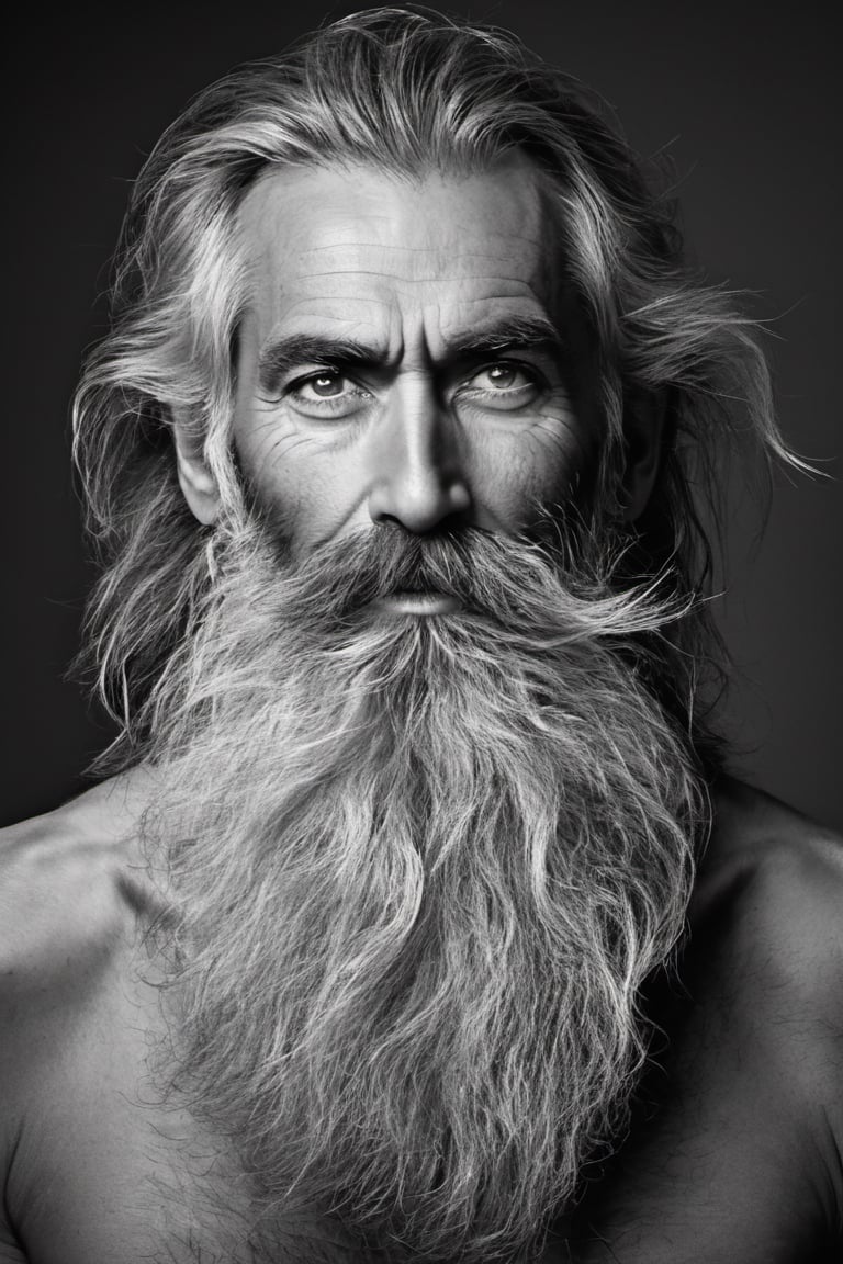 solo, looking at viewer, 1 man, monochrome, upper body, greyscale, male focus, very long facial hair, very long unkempt beard, ver long mustache, old, old man, no clothing, long bushy unkempt hair, long bushy beard, wild and windswept, forlorn, lost, close up portraint , portrait photography, 