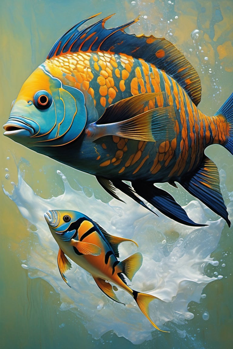  art by simon bisley, art by Brom, art by ralph steadman, art by gustav klimt, a tropical angel fish swimming in a tropical ocean, resplendant in colour and intricate detail,  a masterpiece, realistic,  The artwork is a masterpiece, boasting incredible detail and a sense of depth that pulls the viewer in.