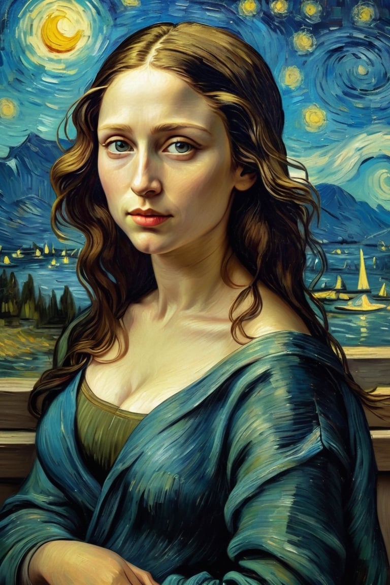 By Van Gogh, Sun, wind, sunny day, oil paint painting, highly detailed, sharpness, dynamic lighting, super detailing, van gogh starry nights background, painterley effect,Oil painting of Mona Lisa ,Leaf,art by sargent