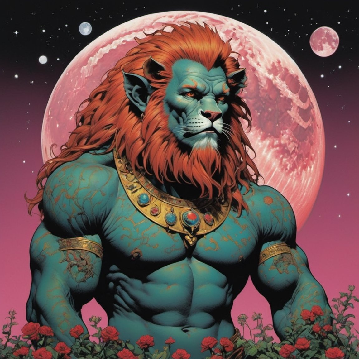 the cowardly lion from the wizard of oz, blood moon, Horror Comics style, art by brom, tattoo by ed hardy, shaved hair, neck tattoos by andy warhol, heavily muscled, biceps, glam gore, horror, poster style, flower garden, space constellation, ,art_booster