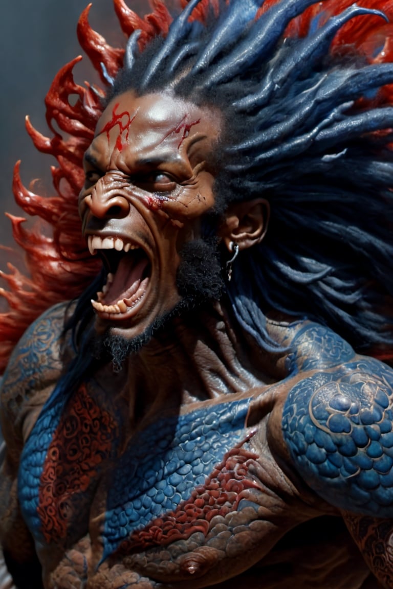 close up of the mans face, a sexy black african mans arm and shoulder, man is staring screaming at the viewer, raging, long hair, the arm and shoulder are covered in a very detailed intricate red and blue dragon tattoo that is protruding outfrom the skin, coming alive, its screaming, scratching, similar to dragon tattoo by Boris Vallejo, slowly you see the small dragon tattoo in parts is coming out of the skin and becoming a real version of the tattoo, sticking out, scales, extended claws, spit, spittle, blood drops, 16K, movie still, cinematic, ,omatsuri,DonMn1ghtm4reXL