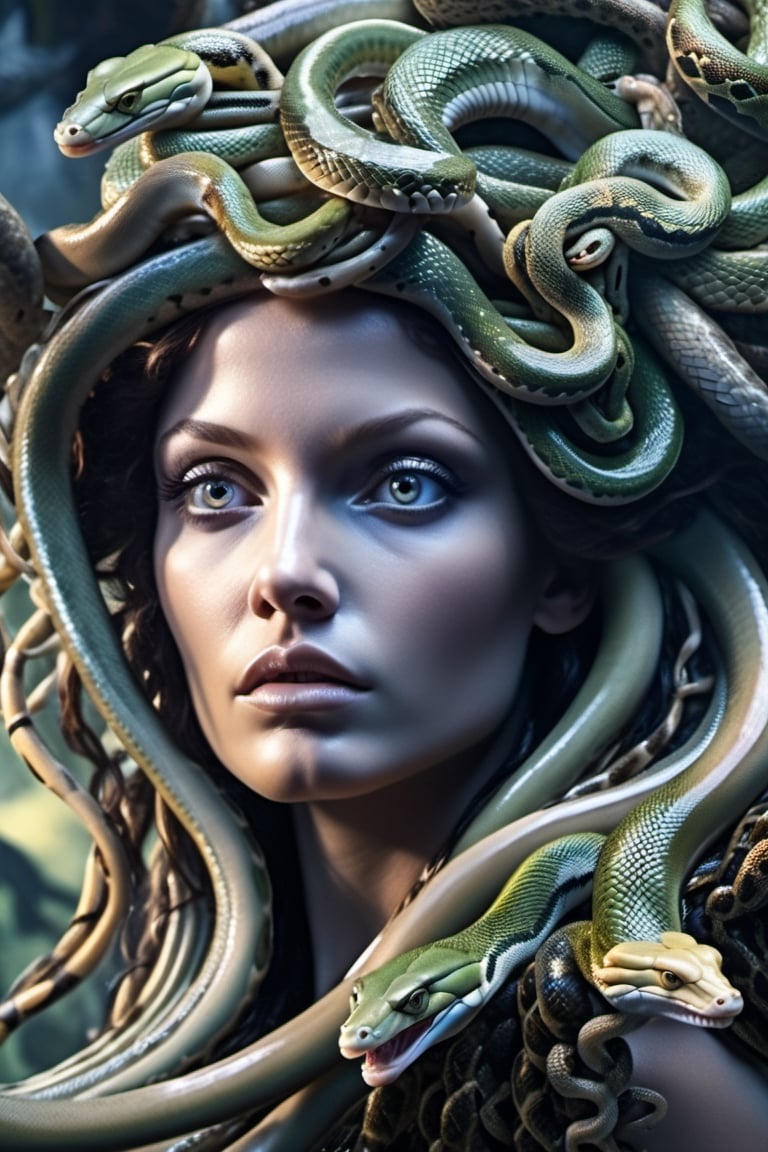 very close up, masterpiece, a scene of medusa staring at the viewer(((head hair made entirely of snakes))) ((medusas hair is entirely made of snakes))Amazon Tree Boa,