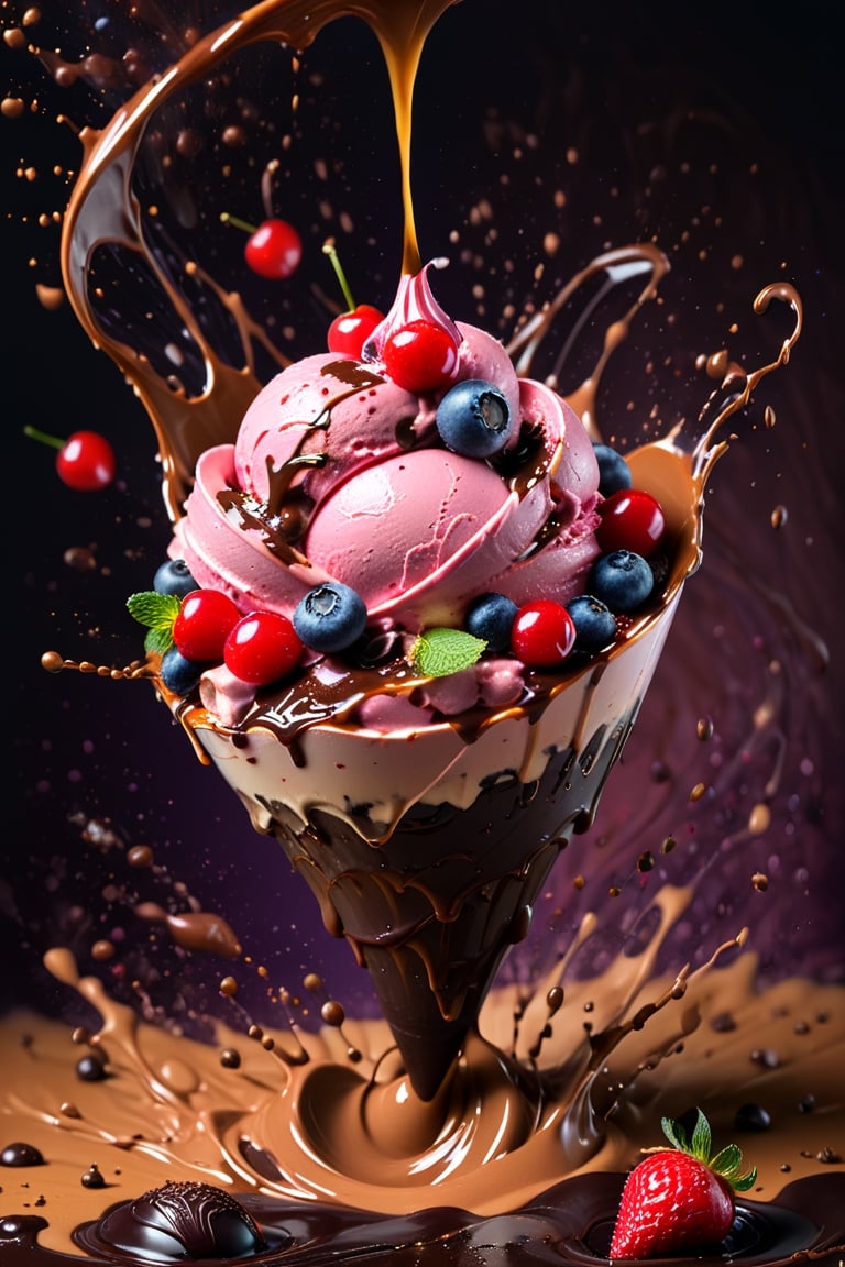 a macroscopic photograph of strawberry ice cream with cherry cream, ice cubes, maraschino cherries, blueberries, lychees , hundreds and thousands, dark chocolate sauce, nuts, mint leaves, splashing dark chocolate sauce, in a gradient honey  coloured background, fluid motion, dynamic movement, cinematic lighting, palette knife, digital artwork by Beksinski,action shot,sweetscape, 3D, oversized fruit, caramel theme, art by Klimt, airbrush art, food photography, food explosion, 