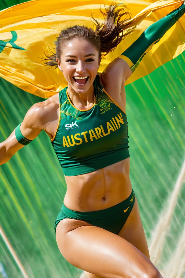 a mid section body shot photograph of a happy australian female athlete, she is wearing an australian olympic highjump  uniform, she is has an olympic  gold medal around her neck, her back and bottom are facing the viewer, very large green and gold flag background, fluid motion, dynamic movement, cinematic lighting, palette knife, digital artwork by Beksinski,action shot,sweetscape, art by Klimt, airbrush art, ,photo r3al,ice and water,close up,Movie Poster