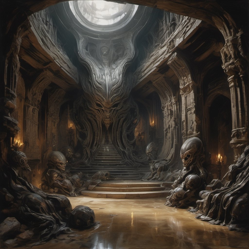 a oil painting wide shot, art by hr giger, a masterpiece, hyper-realistic oil painting of a worship site,, a xenomorph statue carved from the rock face, a prayer site, an engineer head statue, rock formations, low lighting, intense shadows, dripping blood and sweat, messed up, battling human troopers, on a spaceship set, dark, blinking lights, dimly lit, wet, water, eerie, 