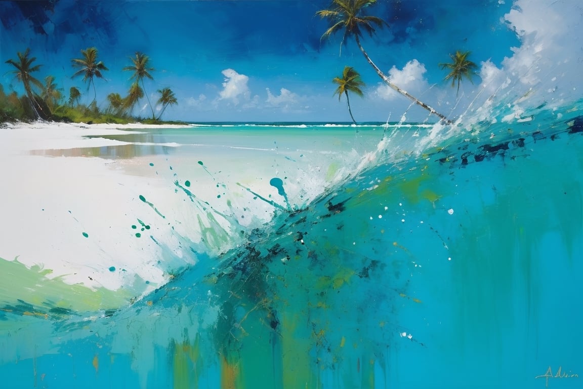 abstract, Cook Islands, as seen from the water, lagoon, white sand, palm trees, bright blue skies, green foliage, turquoise water, thick paint, block palette knife, pastel, in the style of Tony Allain, braod strokes on the knife, dots of paint, splatter, water drops, transparent in places,