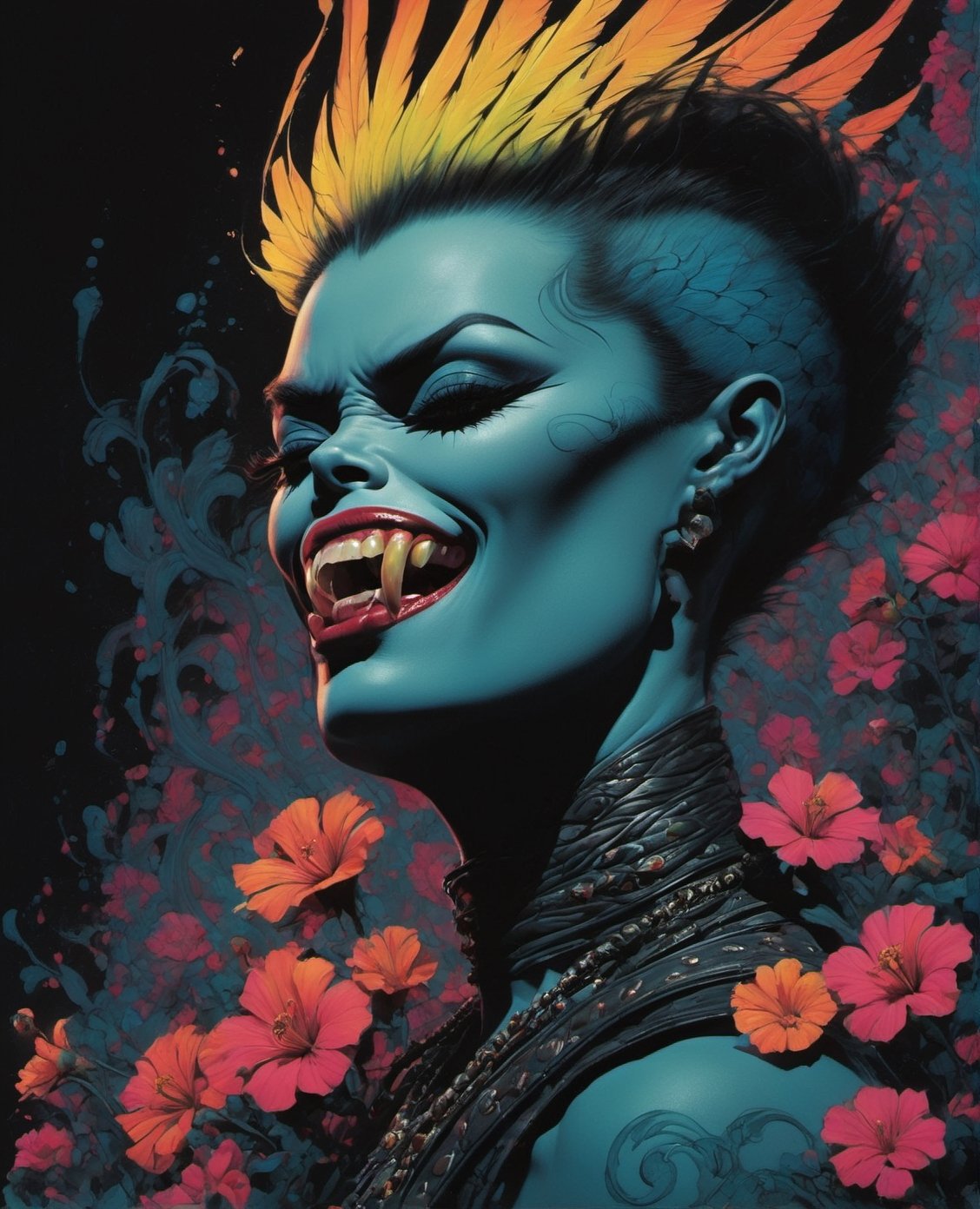 vogue hernan Munster portrait, Horror Comics style, art by brom, smiling, tongue ot, poking tongue at viewer, lennon sunglasses, punk hairdo, tattoo by ed hardy, shaved hair, neck tattoos by andy warhol, heavily muscled, biceps, glam gore, horror, poster style, flower garden, oversized monarch butterflies, tropical fish, flower garden, ,close up,ct-niji2,action shot