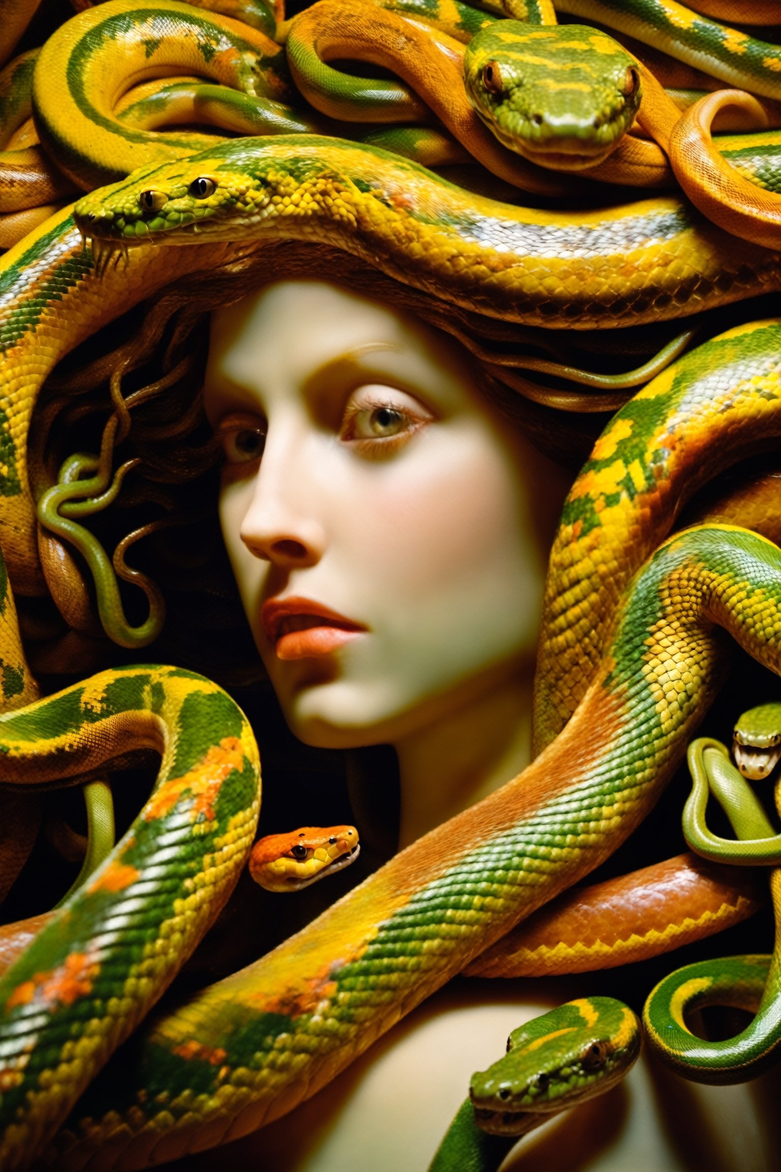 close up, masterpiece, a scene of medusa staring at the viewer(((head hair made entirely of snakes))) ((medusas hair is entirely made of snakes))