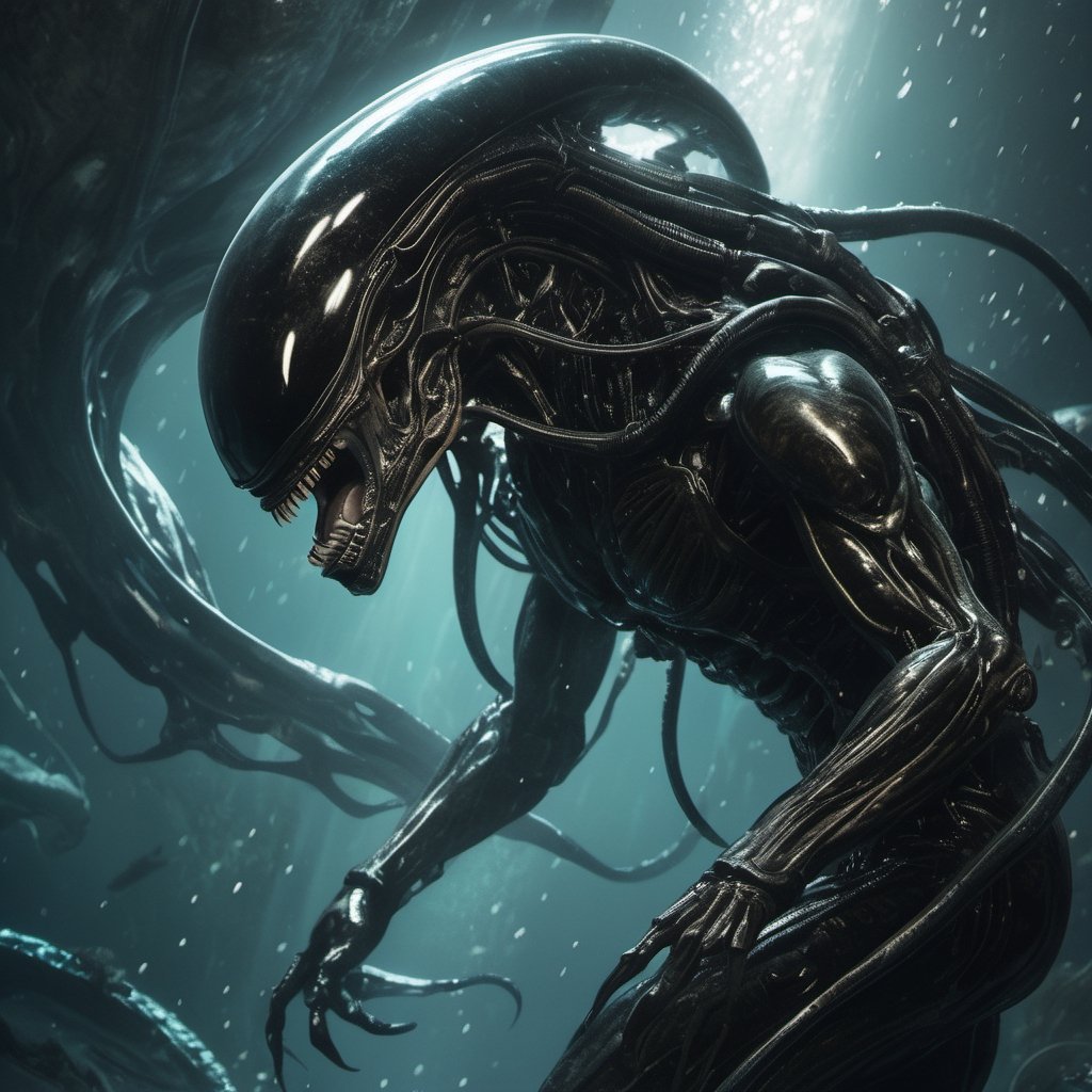 an alien xenomorph launches itself at a nearby victim, black shiny carapace, drool, motion blur, underwater scene 