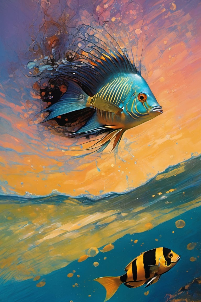  art by simon bisley, art by Brom, art by ralph steadman, art by gustav klimt, a tropical angel fish swimming in a tropical ocean, resplendant in colour and intricate detail,  a masterpiece, realistic,  The artwork is a masterpiece, boasting incredible detail and a sense of depth that pulls the viewer in.