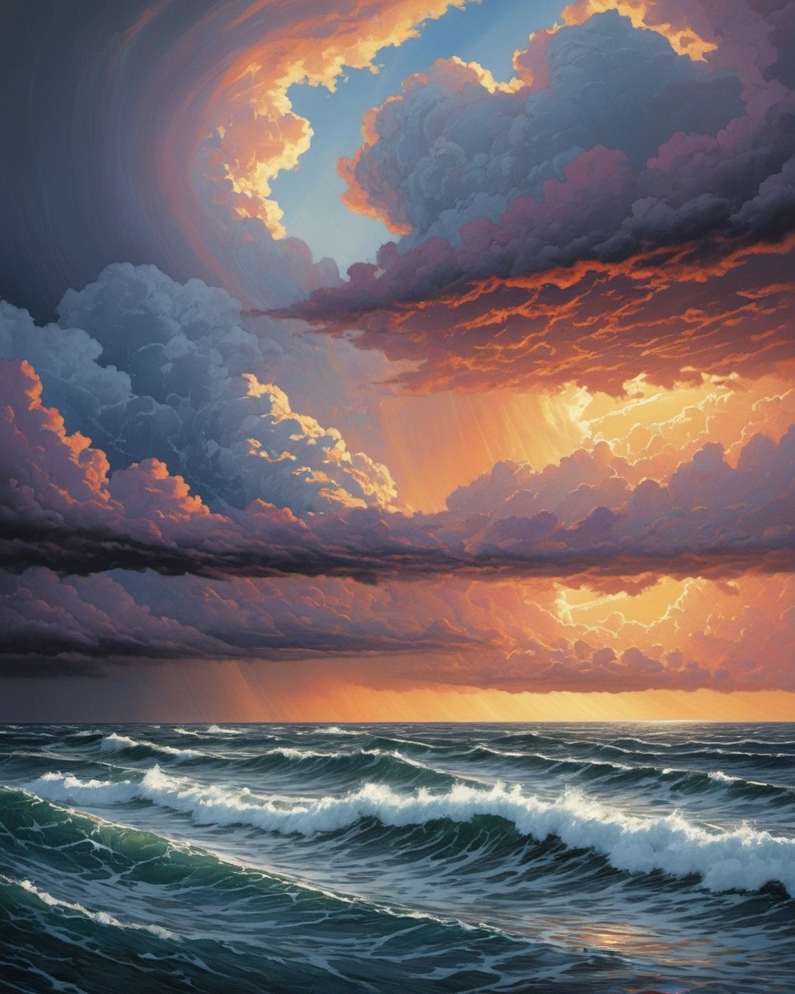  the Pacific Ocean on a stormy day, 5 metre troughs, rain, sun, splashing (((dramatic cloud formation))), poster style,  