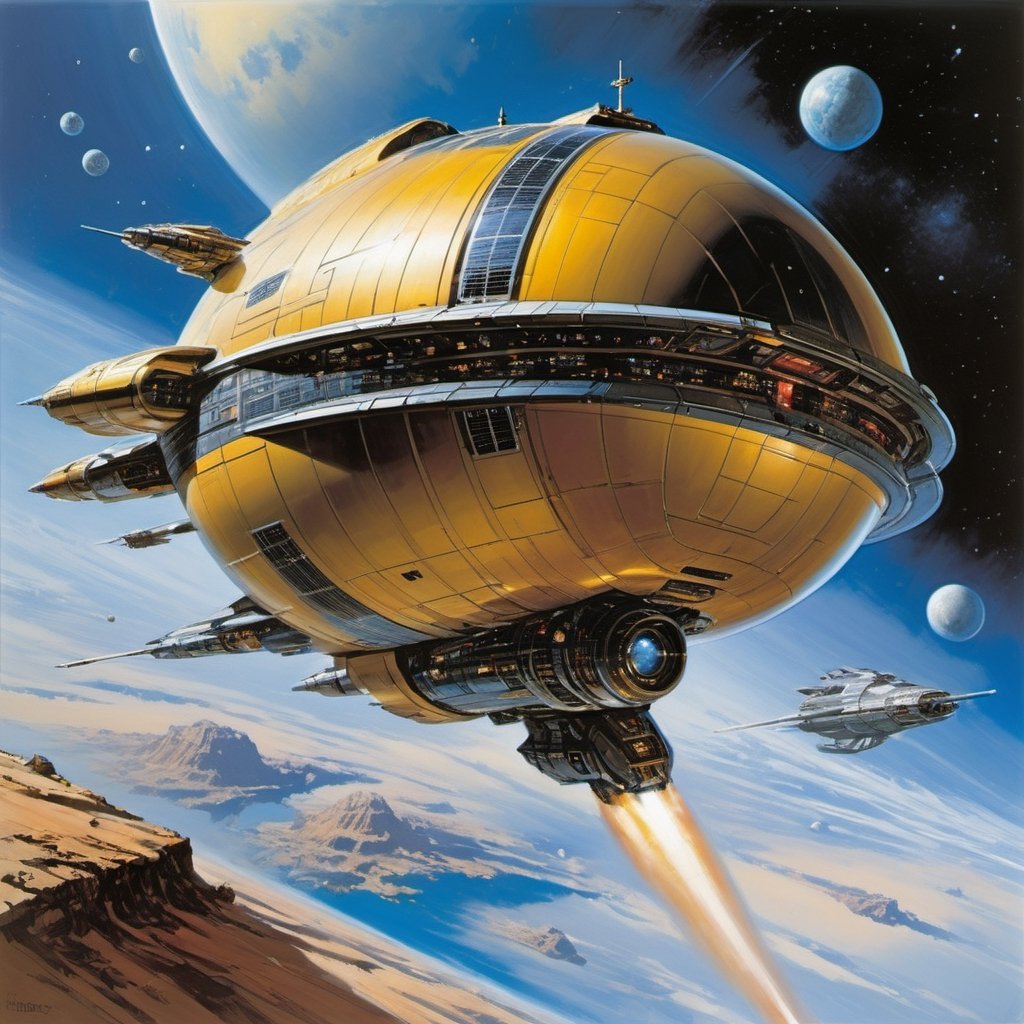 spaceship travelling past a planet, in space, ultra quality, highly detailed (ultra realism:1.2), art by john Berkey, art by chris foss, 2000ad magazine