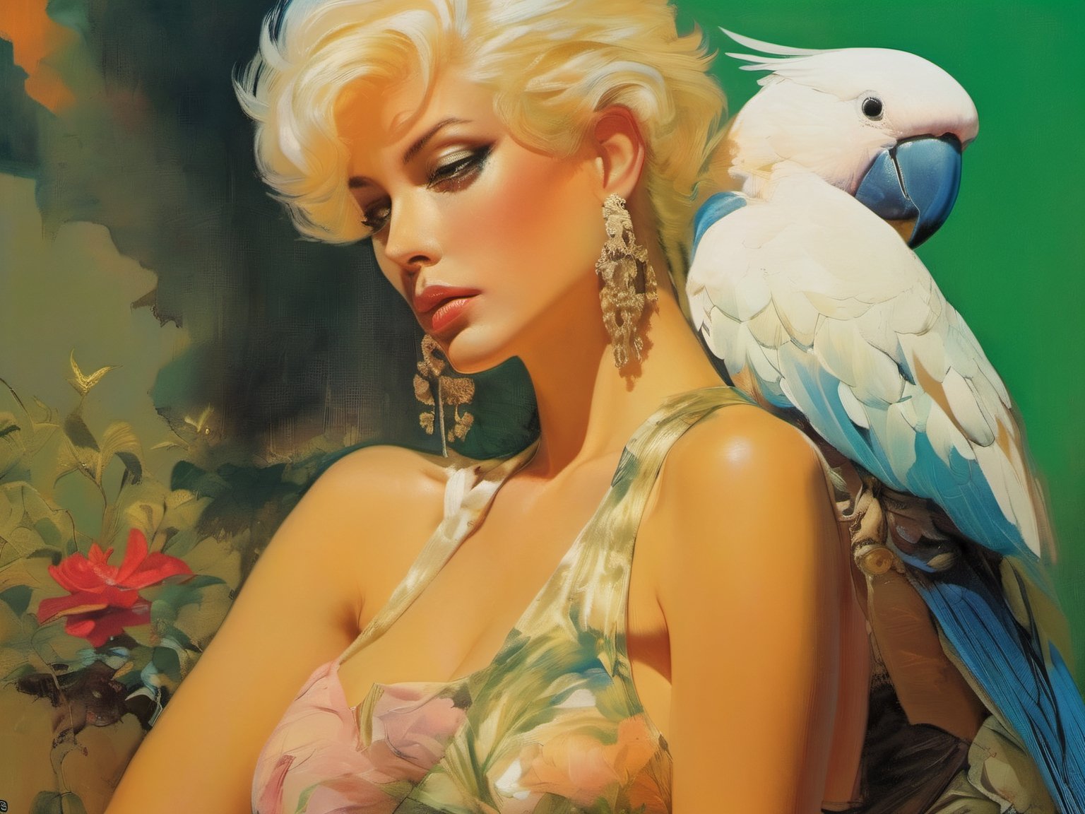 art by Masamune Shirow, art by J.C. Leyendecker, art by boris vallejo, a masterpiece, stunning beauty, hyper-realistic oil painting, vibrant colors, spanish women, black cockatoo, sulphur crested cockatoo, fashionistas, baroque style, art by sergio toppi, art design by sergio toppi, tattoo by ed hardy, shaved hair, neck tattoos andy warhol, heavily muscled, biceps,glam, women, military poster style, ,more detail XL,close up,Oil painting, 8k, highly detailed, in the style of esao andrews,Vogue style,Matrix code, dark chiarascuro lighting, a telephoto shot, 1000mm lens, f2,8,vertical lines of green matrix code