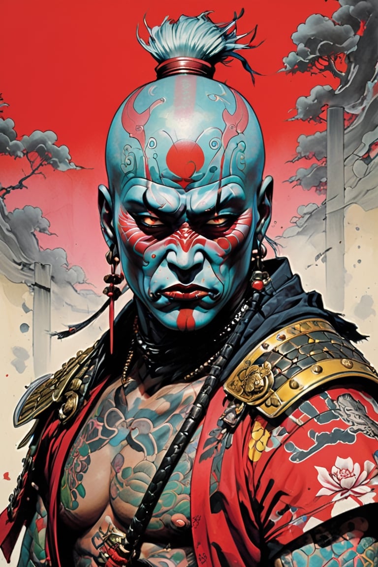 samurai, wearing full battle armour, Horror Comics style, art by brom, tattoo by ed hardy, shaved hair, neck tattoos andy warhol, heavily muscled, biceps,glam gore, horror, demonic, hell visions, demonic women, military poster style, asian art, chequer board,japanese flag, wearing a gee, 