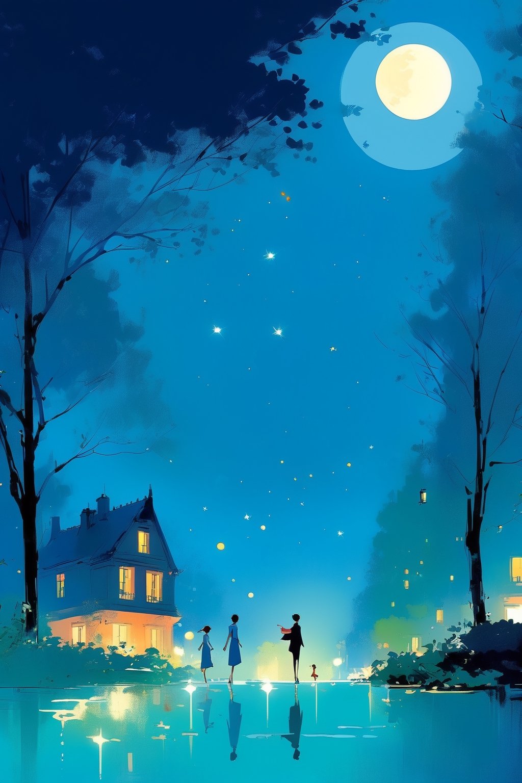 a night scene,  a full moon ,  a very bright full moon, cantered, art by Pascal Campion.