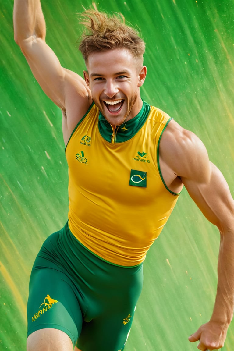 a mid section body shot photograph of a happy australian male athlete, he is wearing an australian olympic highjump  uniform, he is has an olympic  gold medal around his neck, his back and bottom are facing the viewer, very large green and gold flag background, fluid motion, dynamic movement, cinematic lighting, palette knife, digital artwork by Beksinski,action shot,sweetscape, art by Klimt, airbrush art, ,photo r3al,ice and water,close up,Movie Poster