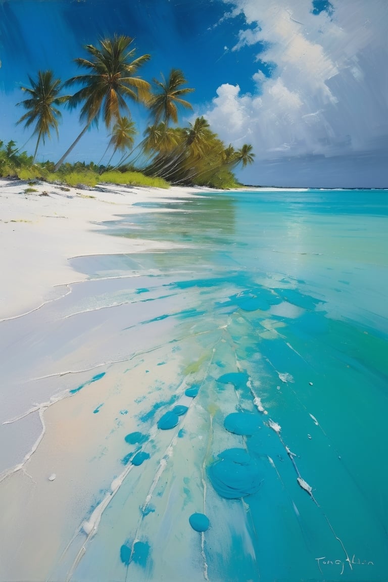 abstract, Cook Islands, as seen from the water, lagoon, white sand, palm trees, bright blue skies, green foliage, turquoise water, thick paint, block palette knife, pastel, in the style of Tony Allain, braod strokes on the knife, dots of paint, splatter, water drops, transparent in places,art by sargent,Oil painting of Mona Lisa 