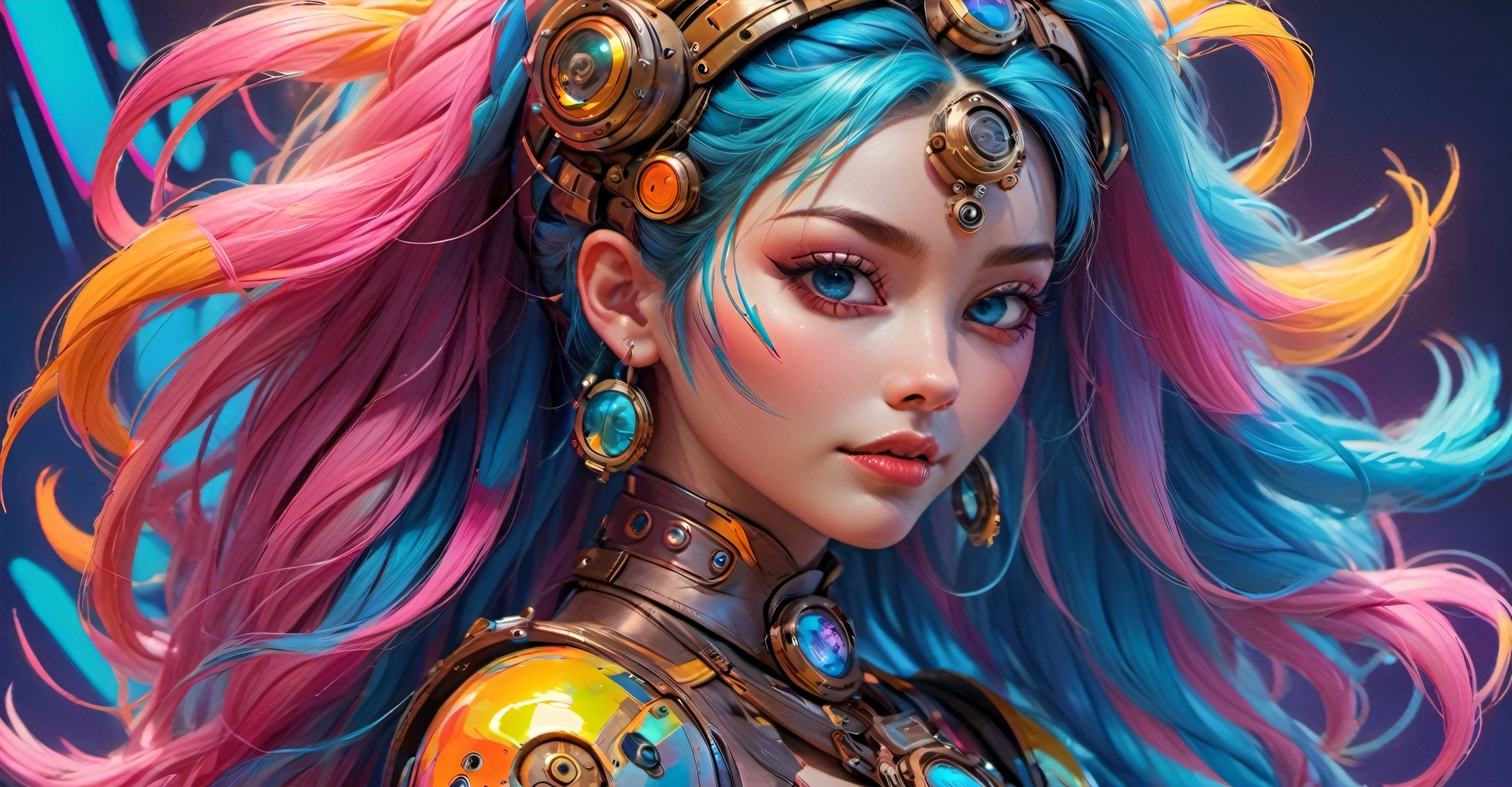 a masterpiece, stunning beauty, perfect face, full-body, hyper-realistic oil painting, vibrant colors, Body horror, steampunk spacesuit, women looking directly out to viewer, wry smile on her face, neon face with multiple coloured circuits on it, full face translucent visor, in the style of futuristic space glamour, Steam punk, tribal adornments, frank frazetta style pose, perfect makeup, boris vallejo style background pop art consumer culture, plain neon steampunk background, full figure pose, dripping paint, Leonardo Style, blacklight makeup, oni style,monster,HellAI,IncrsXLRanni,Xxmix_Catecat,DonMD3m0nXL ,Stylish,underboob,hustler,more detail XL,portrait_futurism