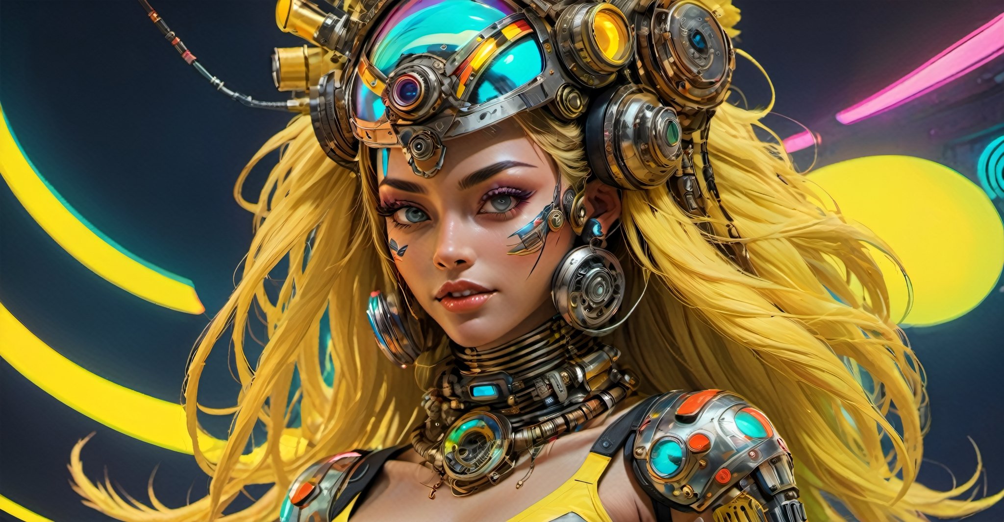 a masterpiece, stunning beauty, perfect face, epic love, Slave to the machine, full-body, hyper-realistic oil painting, vibrant colors, Body horror, wires, , native american war bonnet, a rusty and silver spotted steampunk spacesuit, women looking directly out to viewer, wry smile on her face, neon face with multiple coloured circuits on it, full face visor translucent dirty yellow colour, in the style of futuristic space, glamour, Steam punk steam punk animated gifs, xenomorph lookalike adornments, gun in hand, algorithmic artistry, frank frazetta style, perfect makeup, boris vallejo, pop art consumer culture, plain neon steampunk background, full figure pose, dripping paint, Leonardo Style, blacklight makeup, oni style,monster,HellAI,IncrsXLRanni,Xxmix_Catecat,DonMD3m0nXL ,Stylish,underboob,hustler,more detail XL,portrait_futurism