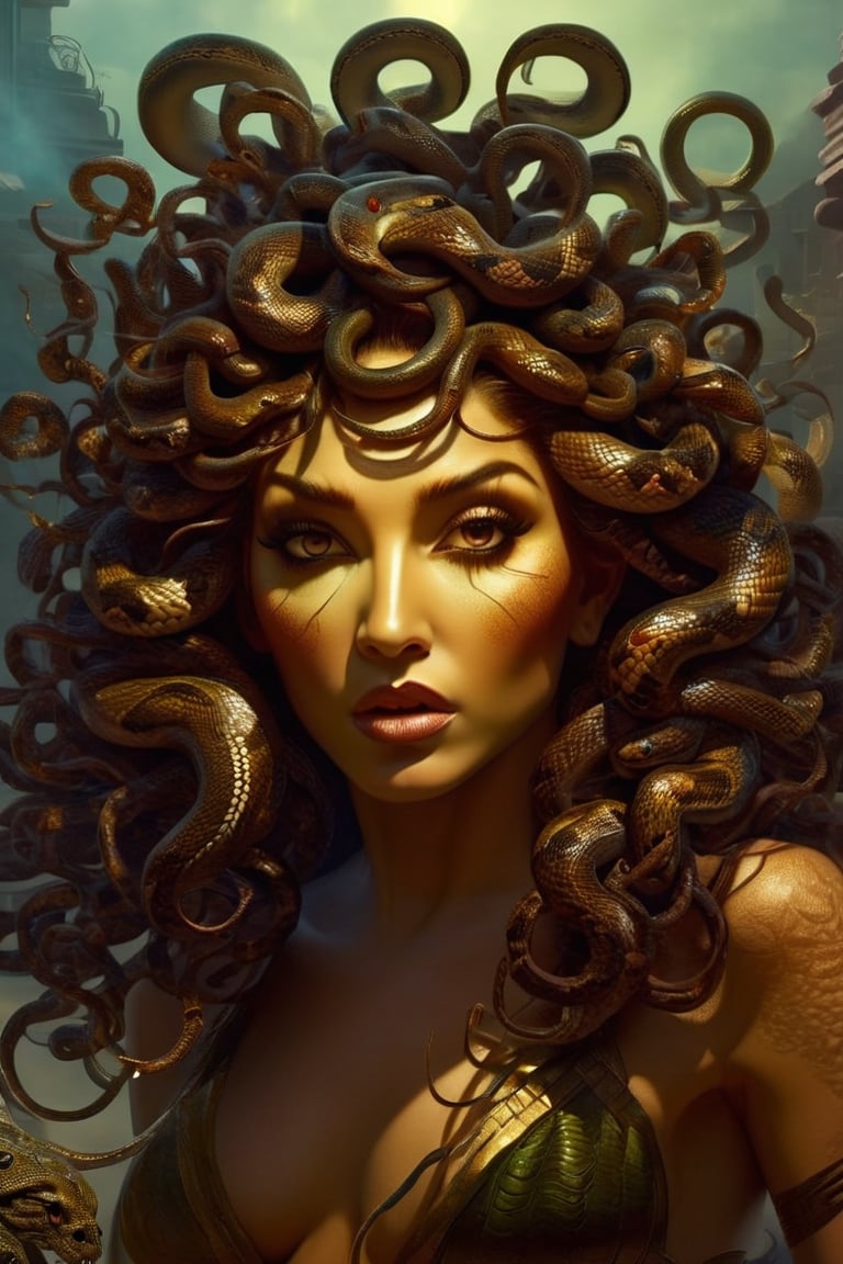 Produce a captivating digital artwork where Medusa's hair consists entirely of individual snakes, each culminating with a menacing snake head at the end. Craft an image that truly embodies the essence of this mythical character, emphasizing the intricate details and expressions of each snake head. Create a scene that showcases Medusa's terrifying allure, with her hair entirely composed of these serpentine creatures. Utilize your artistic skills to bring Medusa to life in a way that accentuates her unique and menacing hair, capturing the blend of fascination and fear that surrounds this iconic figure.