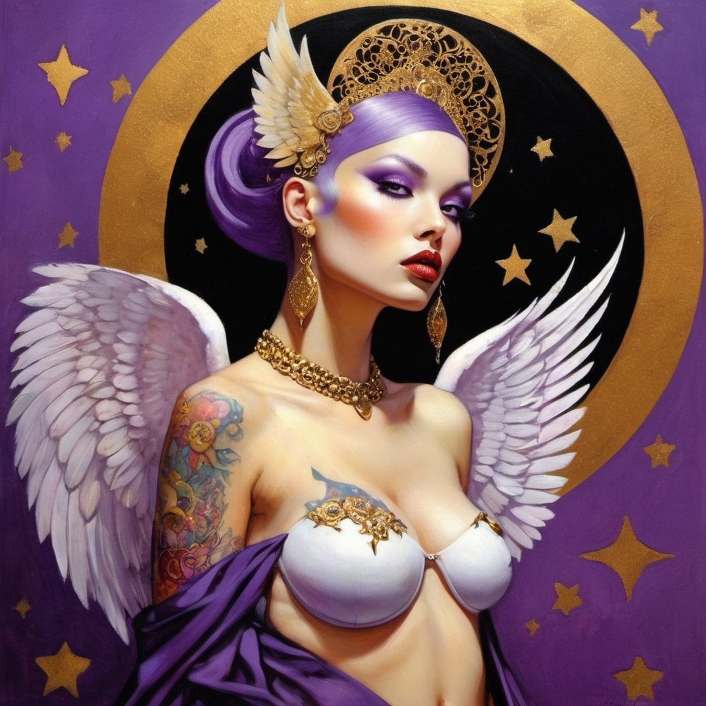  vogue style, a masterpiece, art by TavitaNiko, art by Vallejo, art by Klimt , art by brom, tattoo by ed hardy, shaved hair, neck tattoos by andy warhol, horror, demonic, heaven visions, angelic women, biblical art, angel wings, purple, gold filigree, Star shapes in background, 