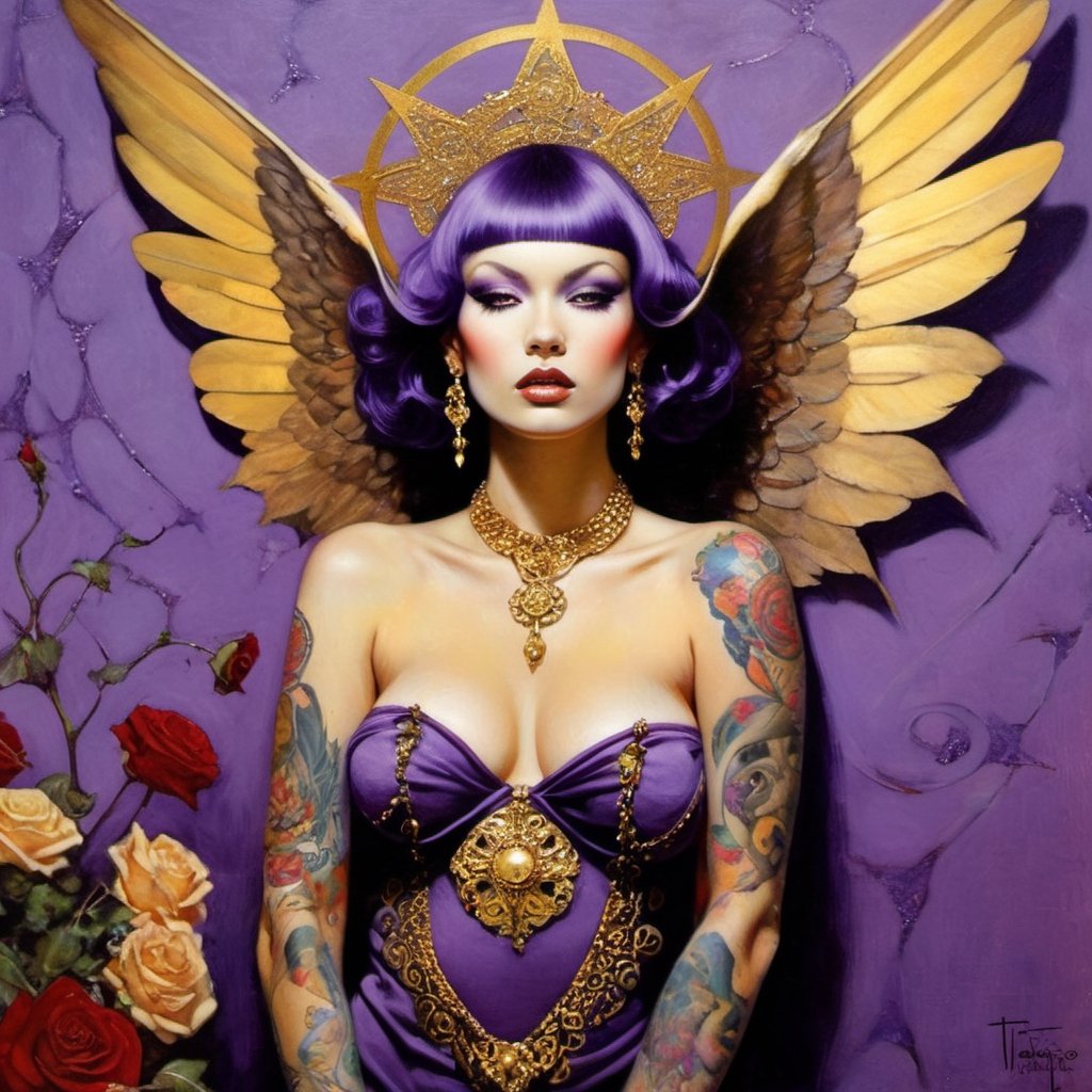  vogue style, a masterpiece, art by TavitaNiko, art by Vallejo, art by Klimt , art by brom, tattoo by ed hardy, shaved hair, neck tattoos by andy warhol, horror, demonic, heaven visions, angelic women, biblical art, angel wings, purple, gold filigree, Star shapes in background, 