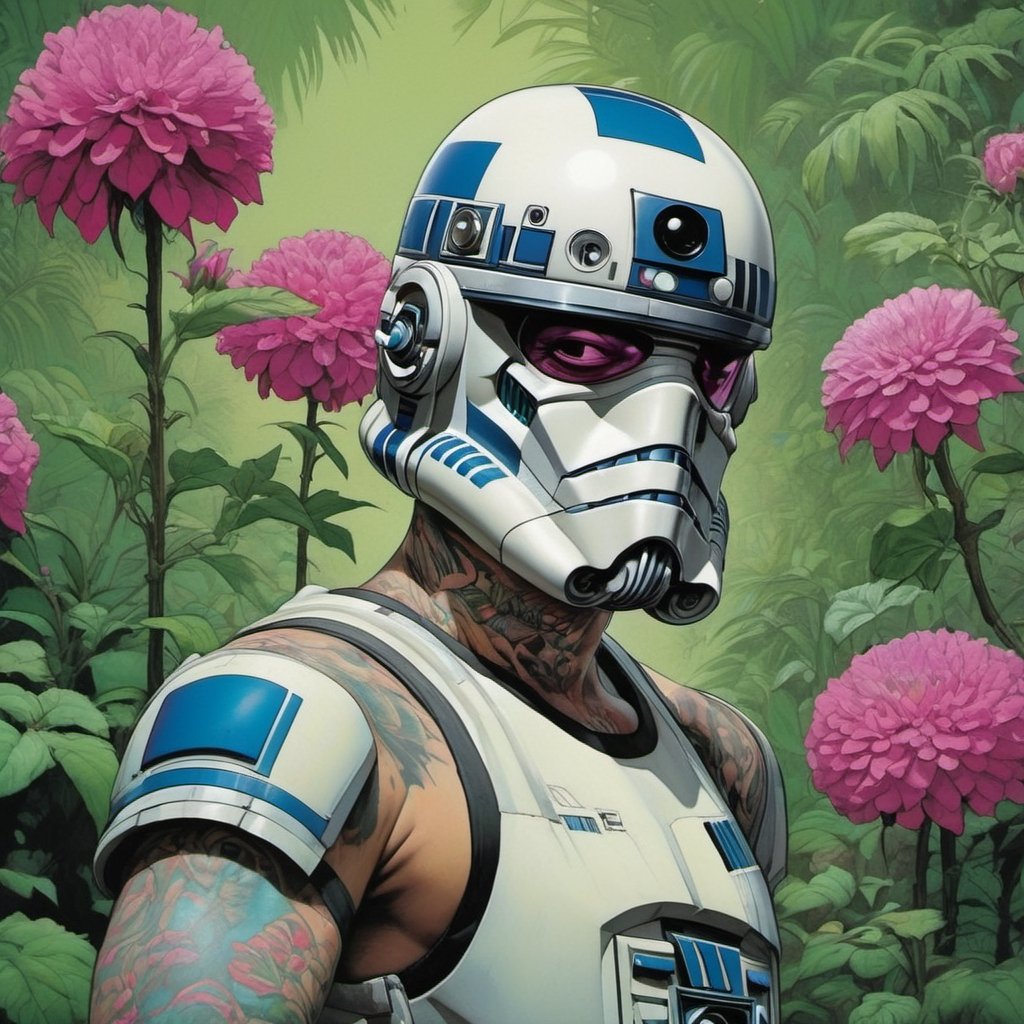 r2d2 , Horror Comics style, art by brom, smiling people, poking tongue at viewer, lennon sunglasses, punk hairdo, tattoo by ed hardy, shaved hair, neck tattoos by andy warhol, heavily muscled, biceps, glam gore, horror, poster style, flower garden, 