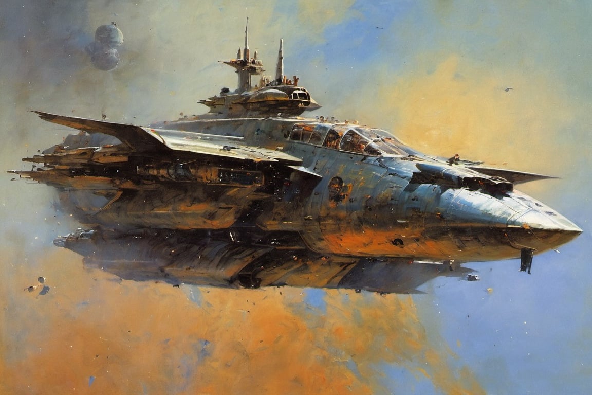 spaceship travelling past a planet, in space, ultra quality, highly detailed (ultra realism:1.2), art by john Berkey, art by chris foss, art by frank frazetta, 