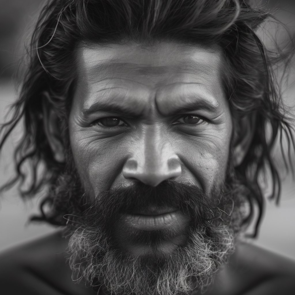 an aboriginal man,  a native from australia, head uncovered,  solo, looking at viewer, 1 man, monochrome, upper body, greyscale, male focus, 2 ft facial hair,2 ft beard, 12 inch mustache, old, old man, no clothing, long bushy unkempt hair, long bushy beard, wild and windswept, all focus on the eyes, short 2 inch depth of field, tamron 1000 mm telephoto lens, f2.8, cinematic angle, looking from above the eyeline down back at the man, angled, extreme close up shot,  eyes only, smiling , few teeth, 