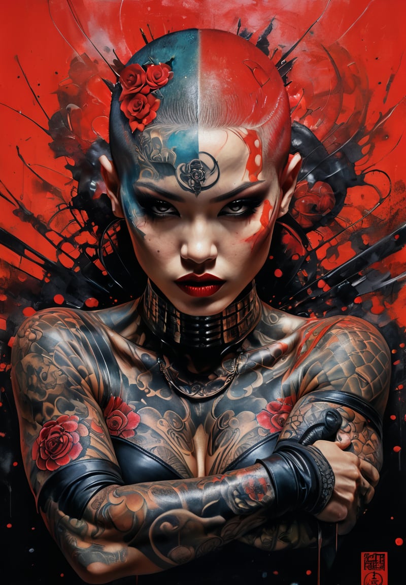 hell poster, manga style, an oil painting, a masterpiece, art by TavitaNiko, art by Vallejo, art by Klimt , art by giger, tattoo by ed hardy, shaved hair, neck tattoos andy warhol, heavily muscled, biceps,glam gore, horror, demonic, hell visions, demonic women, military poster style, asian art, chequer board,