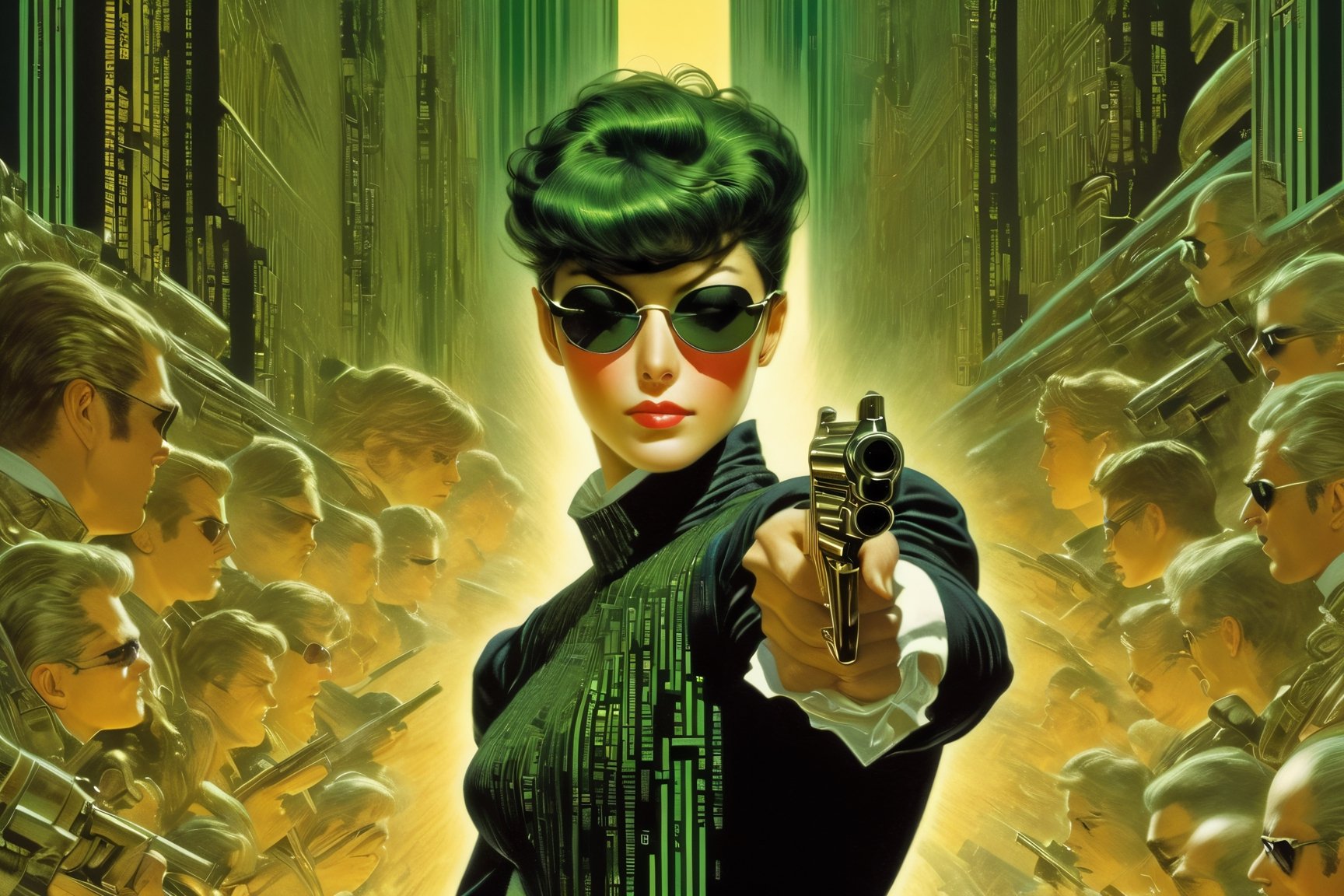 art by Masamune Shirow, art by J.C. Leyendecker, art by boris vallejo, a masterpiece, stunning beauty, hyper-realistic oil painting, vibrant colors, a Neo type character, wearing round sunglasses, dark chiarascuro lighting, aiming a Luger pistol at the viewer, fighting bad guys, being chased, a telephoto shot, 1000mm lens, f2,8,vertical lines of green matrix code