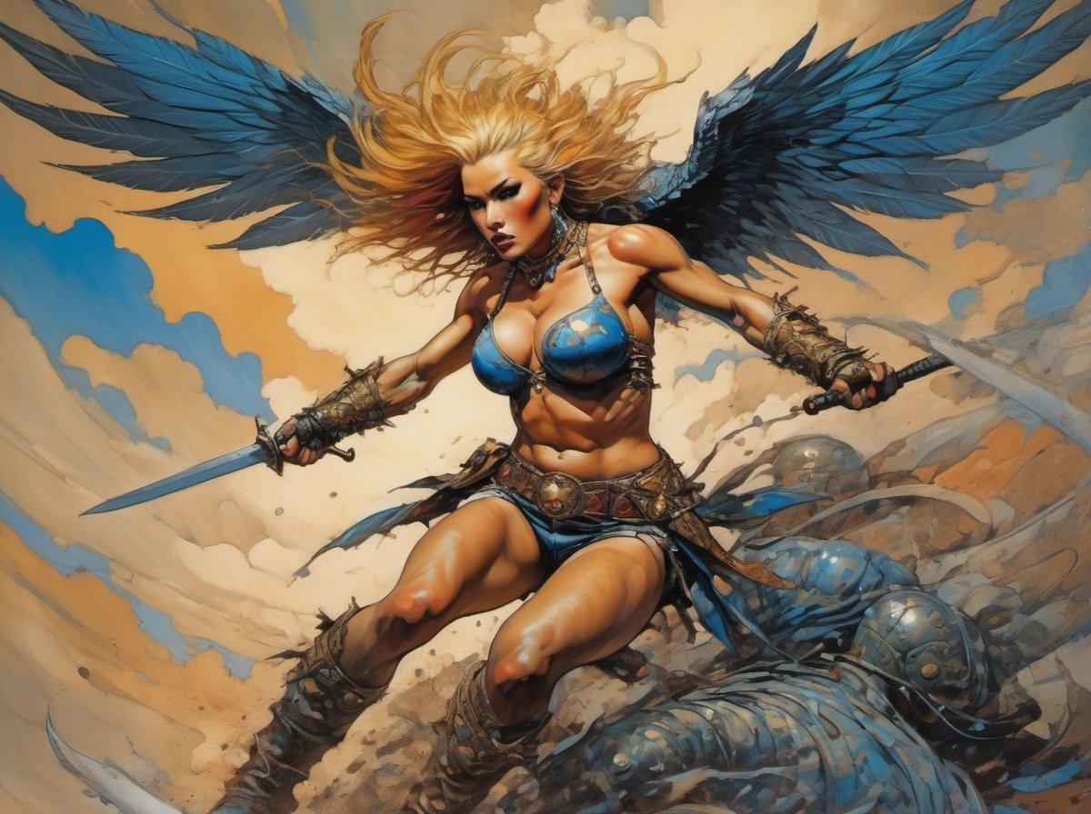 heaven poster, a warrior women, hair is wind blown, huge wings on her back, dramatic blue sky and angry lightening clouds behind her, long battle sword in her right hand, blood dripping from the sword, manga style, an oil painting, a masterpiece, art by TavitaNiko, art by Vallejo, art by Klimt , art by brom, tattoo by ed hardy, shaved hair, neck tattoos andy warhol, heavily muscled, biceps,glam gore, horror, demonic, hell visions, demonic women, military poster style, asian art, chequer board,