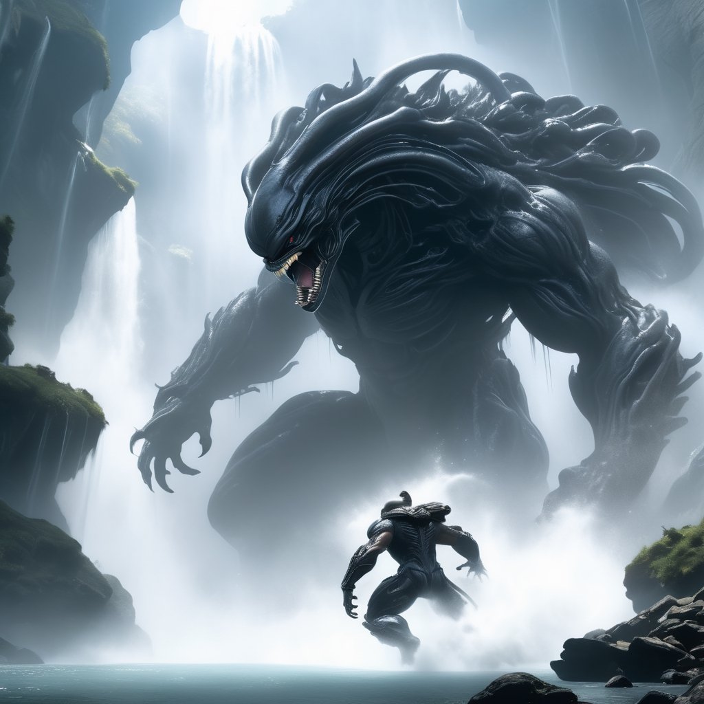 an alien xenomorph launches itself at a nearby victim, a giant bear,  motion blur, river scene,  splashing waterf, splashes, cliff, waterfalls, distant water mist and haze, cinematic wide shot,