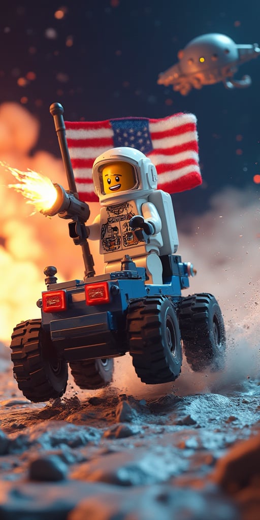 An 3d lego block cartoon scene featuring buzz aldrin riding the lunar rover at full throttle jumping over moon craters, and firing a gun in the airr. The American flag waves proudly behind him as an alien spacecraft soars through the sky. In the background, massive explosions light up the scene.