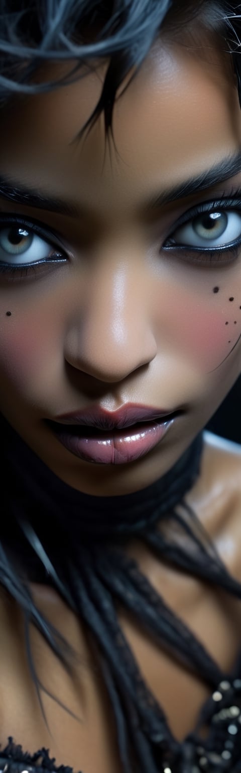 A dark black Nubian woman, extreme close up of her lips, ed hardy tatoos bold flat colour, luminous led tattoos on her hands and face, A charming character, bold, edgy, ethereal, immaculate composition, brian viveros, jean-baptiste, monge, dynamic pose, dynamic light and shadow, 8k resolution, digital art, art by sergio toppi, art design by sergio toppi,  more detail XL, close up, Oil painting, 8k, highly detailed,close up of both lips, 1000 mm lens, tamron, f2.8,  1 inch depth of field, focus on the lips, ,tiedbreastsblue