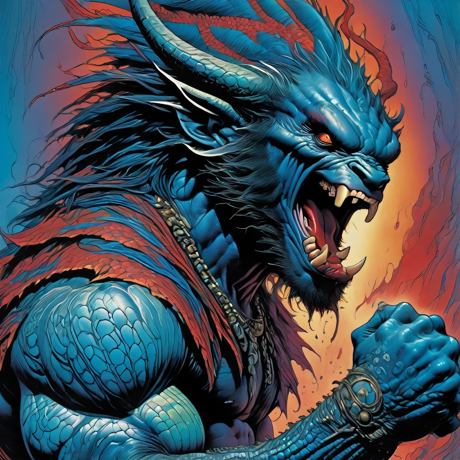 close up of the mans face, a sexy black african mans arm and shoulder, man is staring screaming at the viewer, raging, long hair, the arm and shoulder are covered in a very detailed intricate red and blue dragon tattoo that is protruding outfrom the skin, coming alive, its screaming, scratching, similar to dragon tattoo by Boris Vallejo, slowly you see the small dragon tattoo in parts is coming out of the skin and becoming a real version of the tattoo, sticking out, scales, extended claws, spit, spittle, blood drops, 16K, movie still, cinematic, ,omatsuri,DonMn1ghtm4reXL