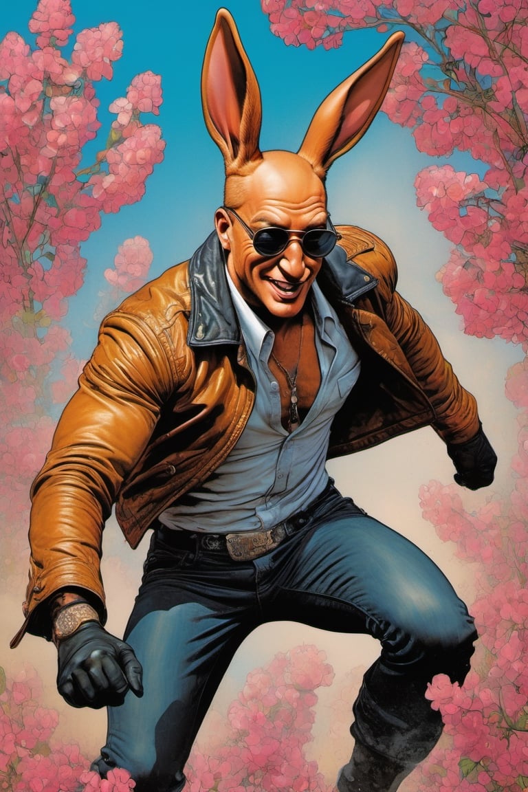 vogue cover, ginger easter bunny portrait, Horror Comics style, art by brom, smiling, john lennon sunglasses, rabbit ears, rabbit nose, ginger rabbit fur, punk hairdo, tattoo by ed hardy, shaved hair, playboy bunny outfit, bunny tail, neck tattoos by andy warhol, heavily muscled, biceps, glam gore, horror, poster style, flower garden, Easter eggs, flower garden, paisley patterns, 