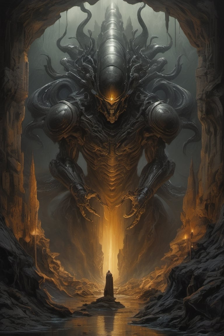 a oil painting wide shot, art by hr giger, a masterpiece, hyper-realistic oil painting of a worship site,, a xenomorph statue carved from the rock face, a prayer site, an engineer head statue, rock formations, low lighting, intense shadows, dripping blood and sweat, messed up, battling human troopers, on a spaceship set, dark, blinking lights, dimly lit, wet, water, eerie, 