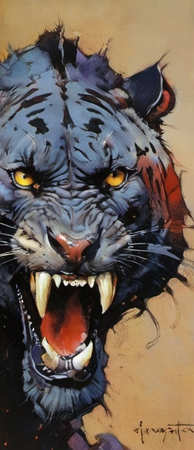 a close up painting, an oil portrait, a masterpiece , a snarling red leopard,black leopard spots with zebra stripes on its face, art by Sargent, art by frazetta, 