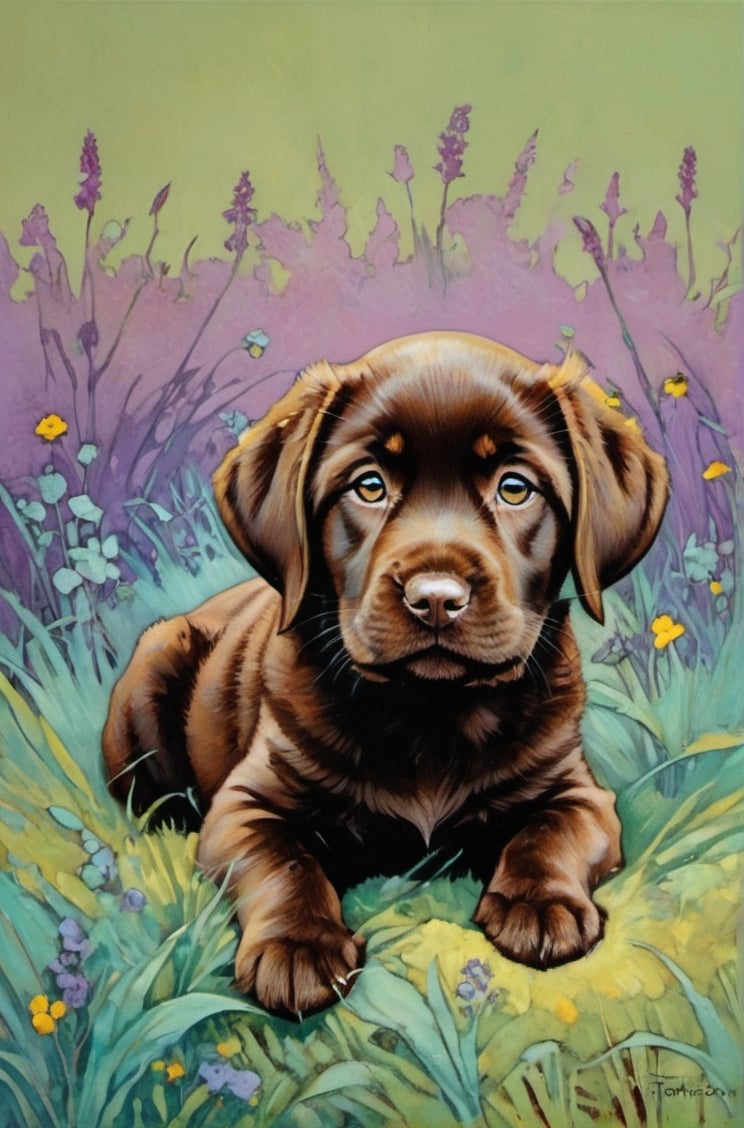  art nouveau style, an oil painting, a masterpiece, a chocolate Labrador puppy, art by TavitaNiko, art by mel odom, art by Klimt , art by brom, art by Warhol, art by frazetta, poster style, Russian art, mint green grass, chocolate puppy fur, 