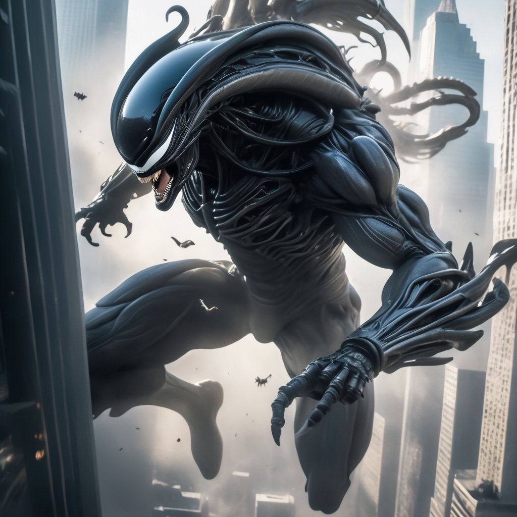 an alien xenomorph launches itself at a nearby victim, superman, motion blur, city skyscrapers, cinematic wide shot,