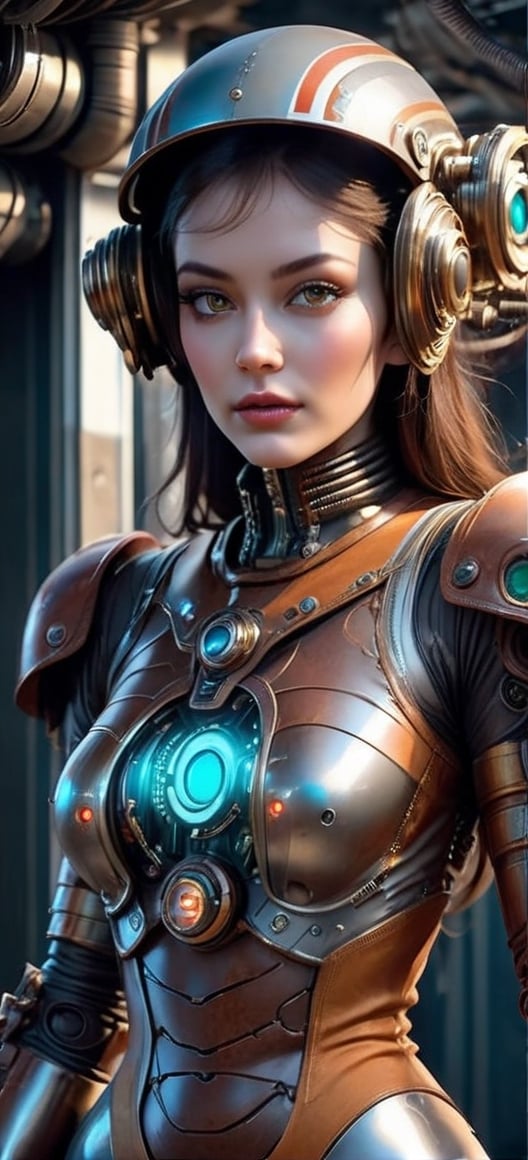 a rust and silver striped steampunk spacesuit, women looking directly out to viewer, neon face with multiple coloured circuits on it,s pace helm visor translucent in the style of futuristic space art helmet full gear glamour,Steam punk steam punk animated gifs, xenomorph lookalike adornments, gun in hand, algorithmic artistry, frank frazetta style, perfect makeup, boris vallejo, pop art consumer culture