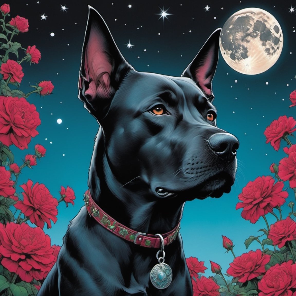 toto the dog the wizard of oz, blood moon, Horror Comics style, art by brom, tattoo by ed hardy, shaved hair, neck tattoos by andy warhol, heavily muscled, biceps, glam gore, horror, poster style, flower garden, space constellation, ,art_booster