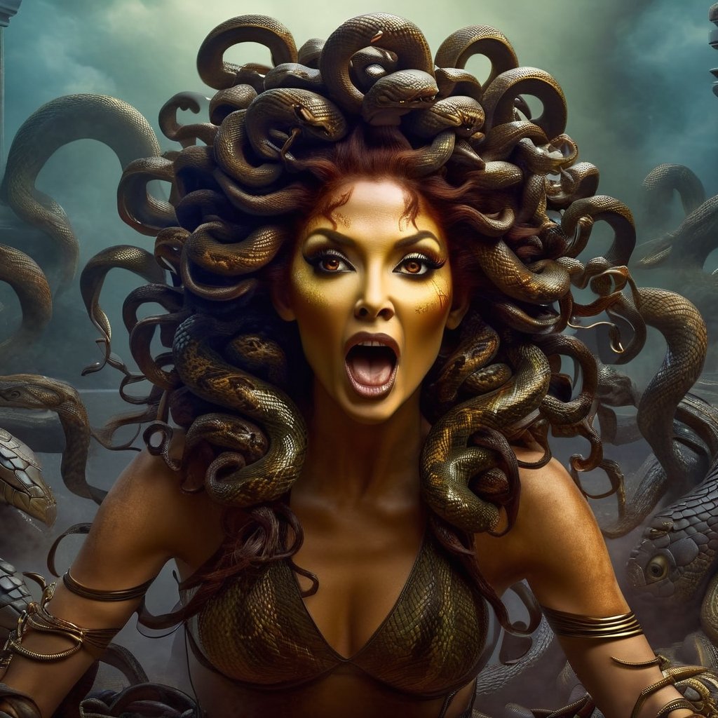 Produce a captivating digital artwork where Medusa's hair consists entirely of individual snakes, each culminating with a menacing snake head at the end. Craft an image that truly embodies the essence of this mythical character, emphasizing the intricate details and expressions of each snake head. Create a scene that showcases Medusa's terrifying allure, with her hair entirely composed of these serpentine creatures. Utilize your artistic skills to bring Medusa to life in a way that accentuates her unique and menacing hair, capturing the blend of fascination and fear that surrounds this iconic figure.