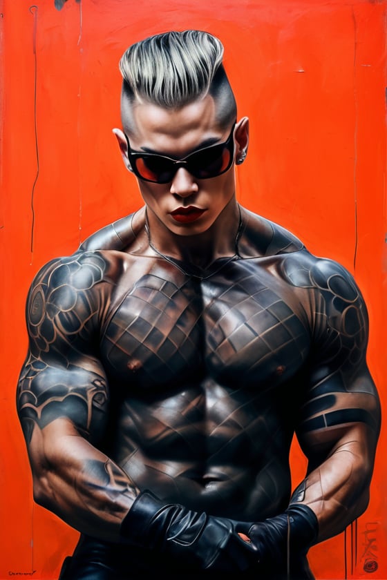 hell poster, manga style, an oil painting, a masterpiece, art by TavitaNiko, art by Vallejo, art by Klimt , art by giger, tattoo by ed hardy, shaved hair, neck tattoos andy warhol, heavily muscled, biceps,glam gore, horror, demonic, hell visions, demonic women, military poster style, asian art, chequer board,