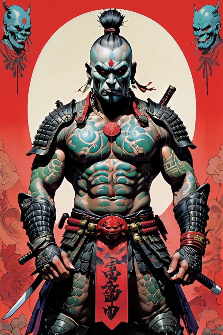 samurai, wearing full battle armour, Horror Comics style, art by brom, tattoo by ed hardy, shaved hair, neck tattoos andy warhol, heavily muscled, biceps,glam gore, horror, demonic, hell visions, demonic women, military poster style, asian art, chequer board,japanese flag, wearing a gee, 